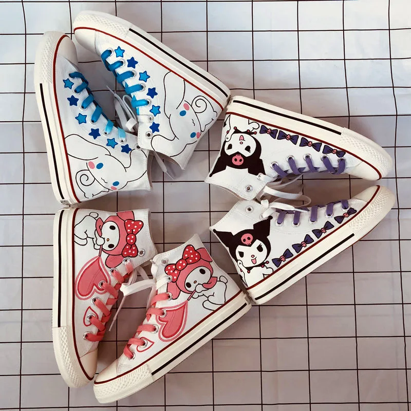 Sanrio Hello Kitty Graffiti Canvas Shoes Kawaii Girls Lolita Shoes Preppy Style Black Teenager Sneakers 2024 Spring/Summer New