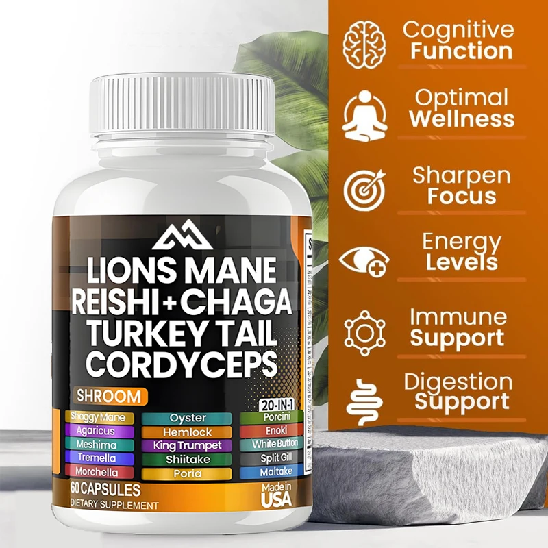 

Lions Mane Mushroom Turkey Tail Cordyceps Mushroom White Elm Oyster Focus and Energy - Made in the United States, 60 capsules