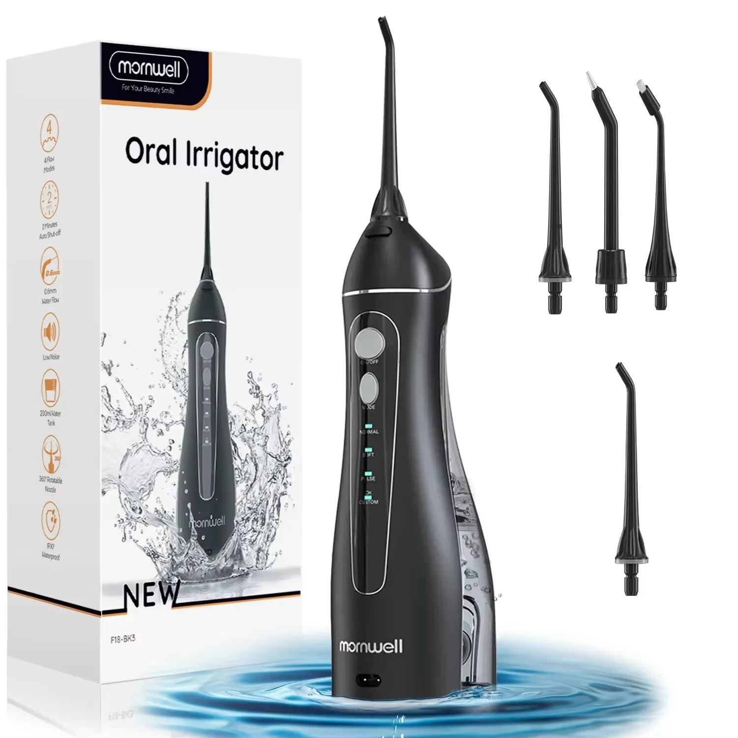 Mornwell Portable Oral Irrigator F18 Water Flosser USB Rechargeable 4 Nozzles Dental Water Jet 200ml Water Tank Waterproof