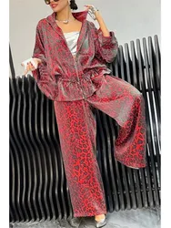 Casual Loose Leopard Velvet Zipper Coats And Pants Two Piece Sets Autumn Winter Women Girdle Print Jackets + Wide Leg Pants Sets