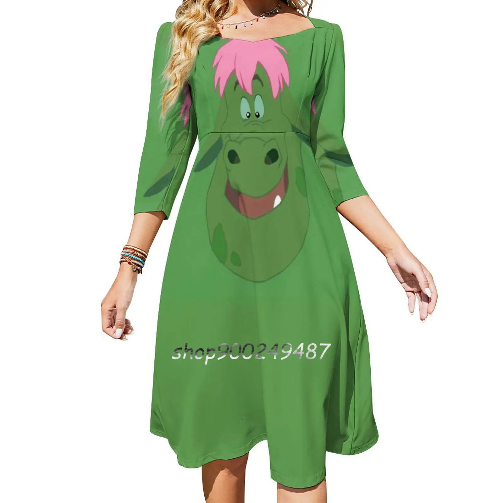 Sweet Dragon! Square Neck Dress Sweet Summer Dress Women Elegant Halter Print Dress Dragon Smile Happy Cute Walt Cartoon Movie