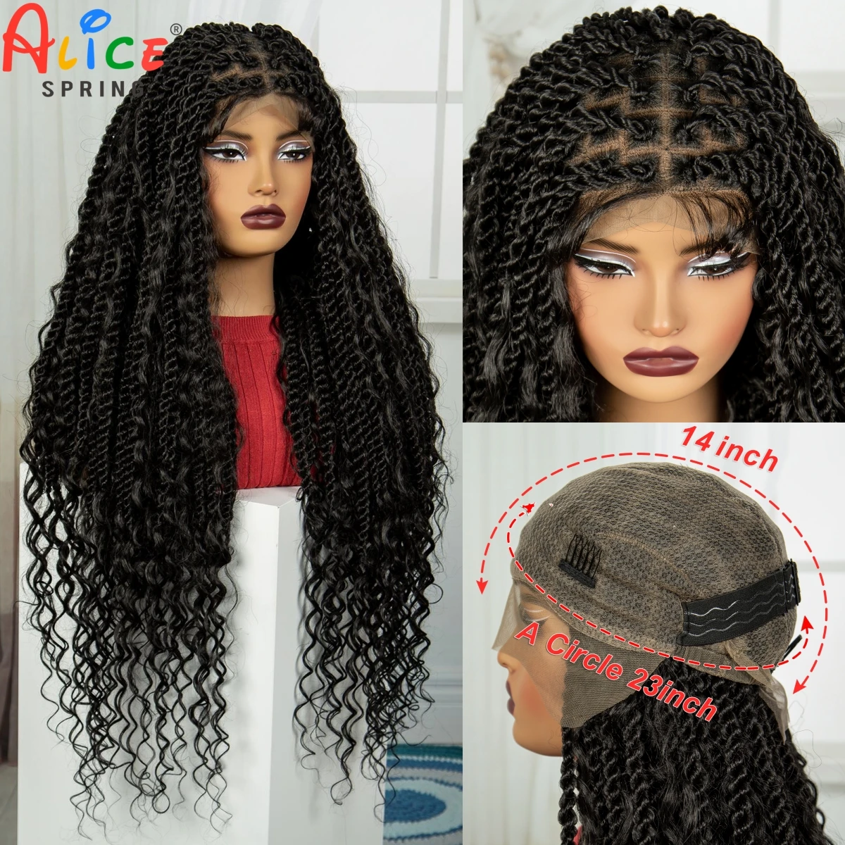 Natural 32Inch Full Lace Twisted Braided Wigs with Baby Hair Synthetic Lace Frontal Braids Wig with Curly Hair for Black Women