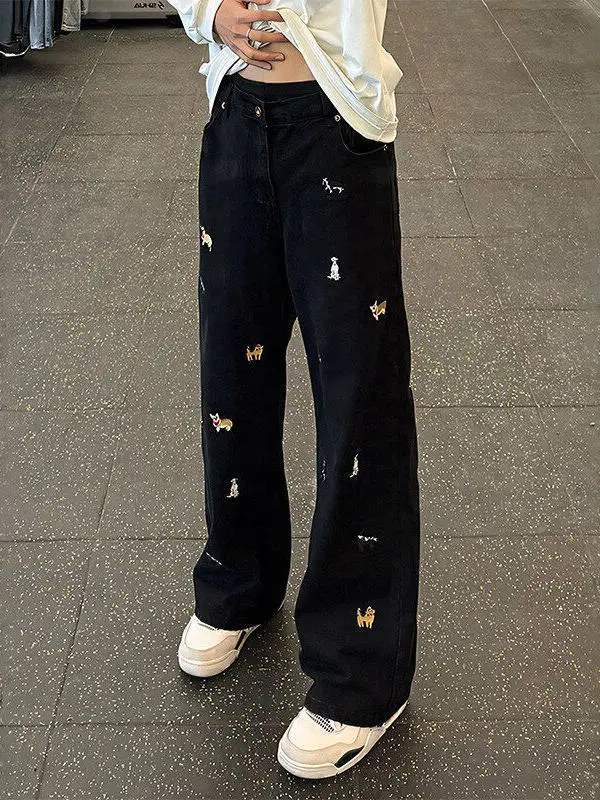 

Мужские джинсы с вышивкой мультяшной собаки, зауженные, в американском уличном стиле, прямые, расклешенные, повседневные, молодежные, летние