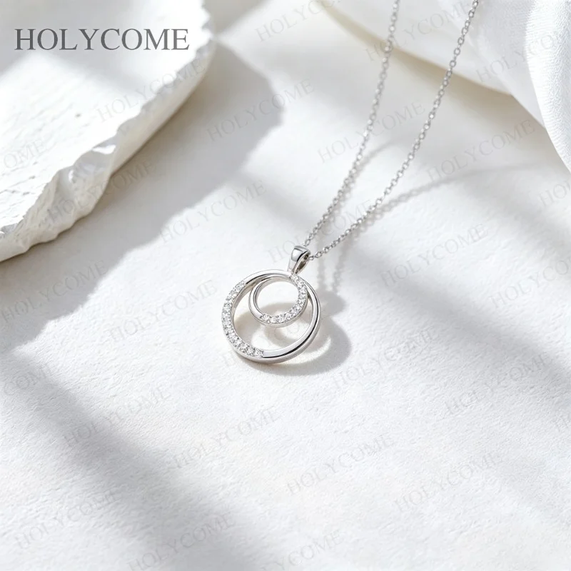 S925 Silber Runder Choker Moissanit Doppelkreis-Anhänger Halskette für Frauen Minimalistischer Zierlicher Modeschmuck – Detail 8