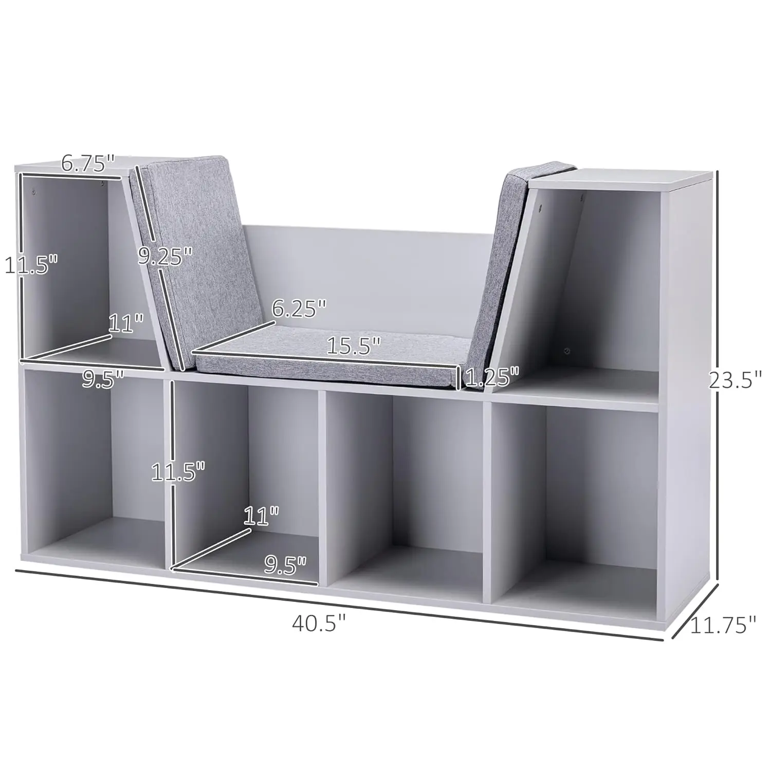 6-Cubby-Bibliothèque pour enfants avec coin lecture et coussin, rangement multi-usages pour chambre à coucher, salon, gris