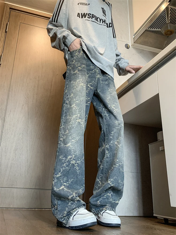 

Spring Washed Men's Wide Leg Jeans Casual Straight Cut Trousers Fashionable Bootcut Pants American High Street Vibe