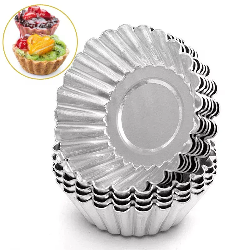 Reusable Non-stick Egg Tart Mold Aluminum Alloy Flower/Round Shape Cupcake Mold Pudding Jelly Mold Muffin Baking Cup Kitchen Too