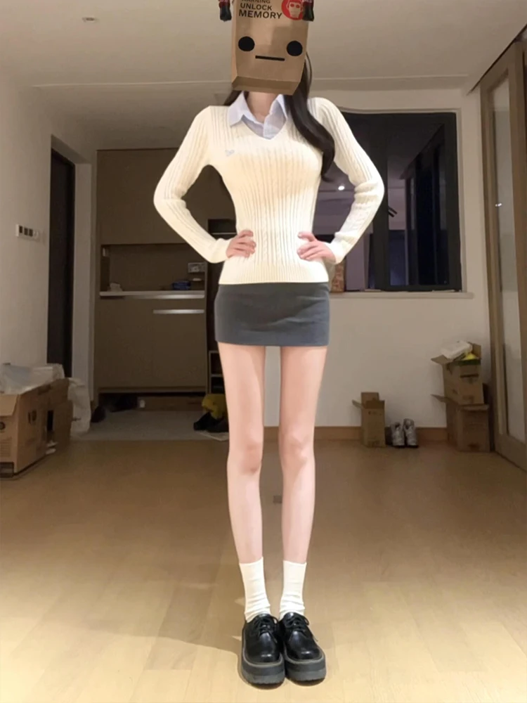 

Облегающий свитер V-Ne с дизайном воротника irt, женский осенне-зимний вязаный базовый слой, топ для колледжа, полосатый внутренний топ