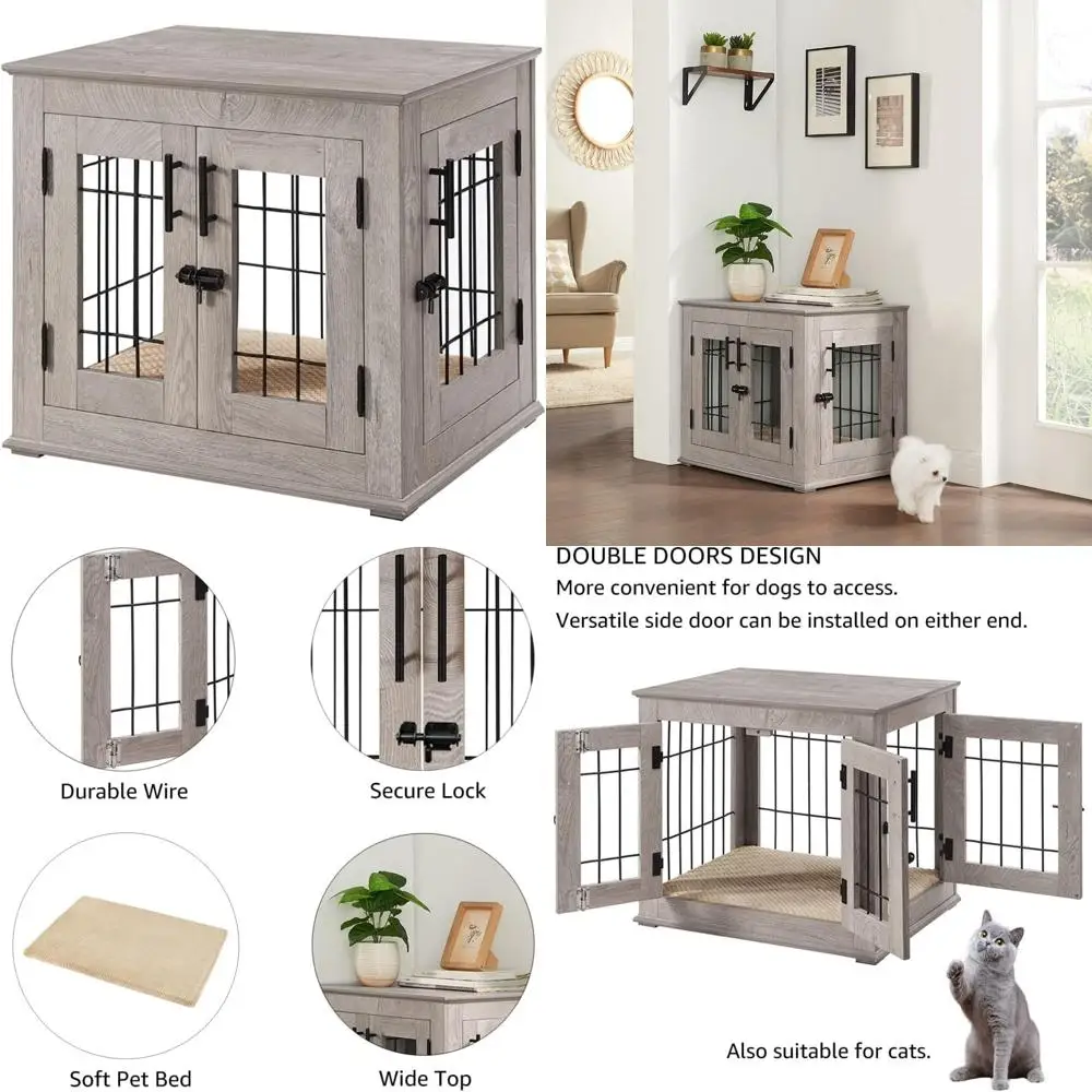 

Wooden Double-Door Dog Crate with Wire Kennel and Built-In Pet Bed, Decorative Furniture-Style Dog House
