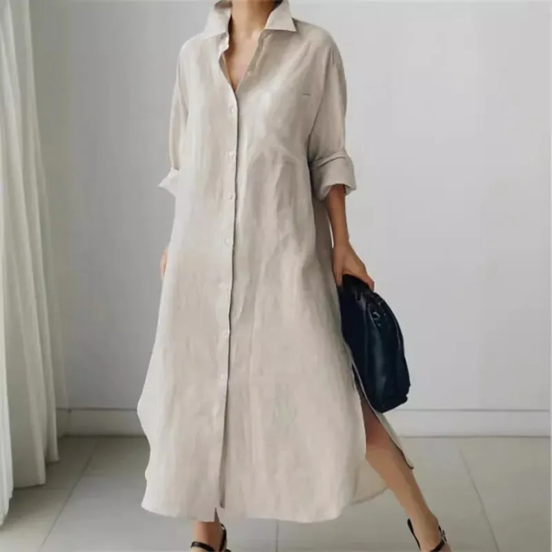 

Elegant Women Shirts Dress Spring Fashion V-neck Long Sleeve Cotton Linen Maxi Dresses Ladies Casual Holiday Vestidos Robes