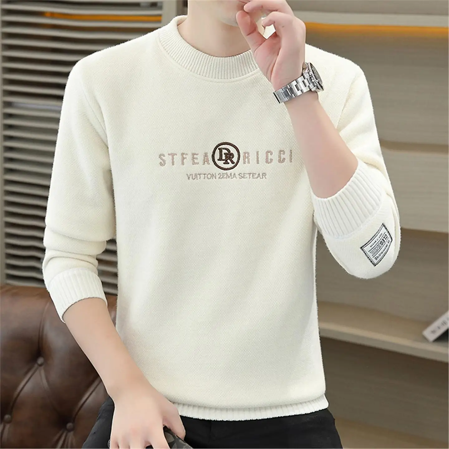 

Men's Thiened Fce round Ne Knitwear Inner Wear Faion Urban Sle Winter Season Polyester Fiber Long Sve Crew Ne