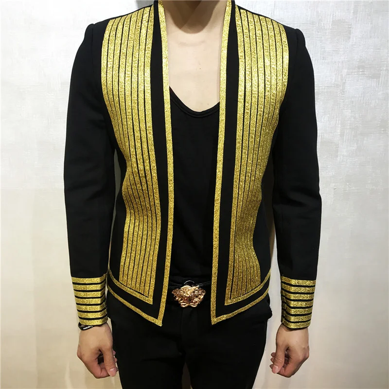 Style Gold Stripe Korean Slim Suit For Men\'s Walk Show Fashion Nightclub Blazer Performance Clothing Stylist Blazer Hombre