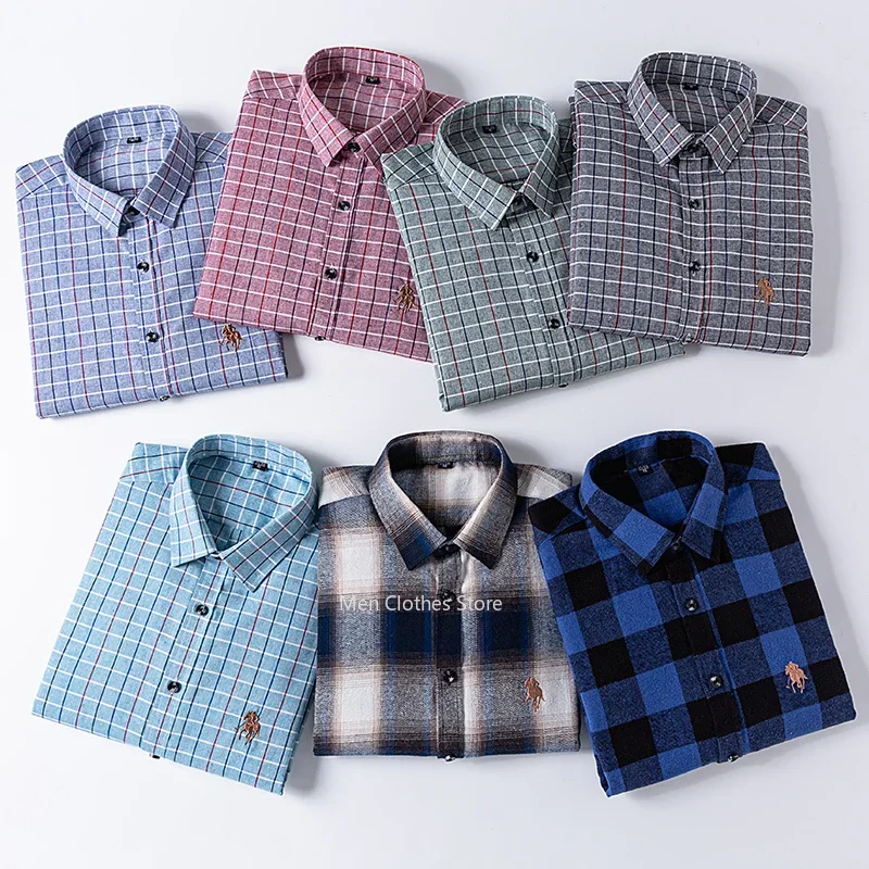 Flannel 100% CottonLong-sleeve ShirtsPlaid Brushed Long Sleeve Shirt Wrinkle Resistant Business Casual Men Clothes