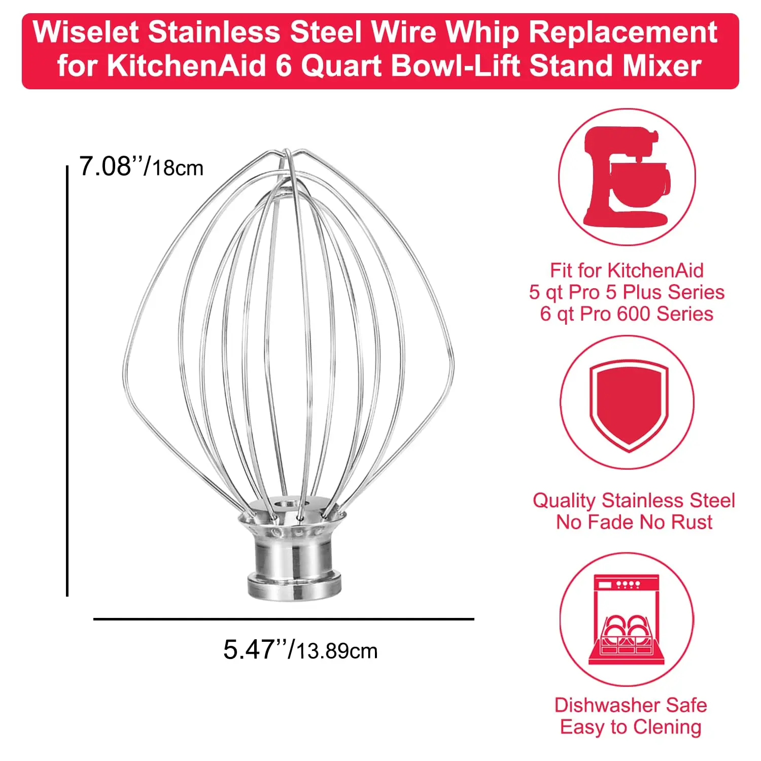 Stainless Steel Wire Whip for Bowl-Lift Mixer 6 Quart Bowl Wire Whisk Fits for Professional 600,KP26M1X,KD2661X,KP2671X,Pro 6500