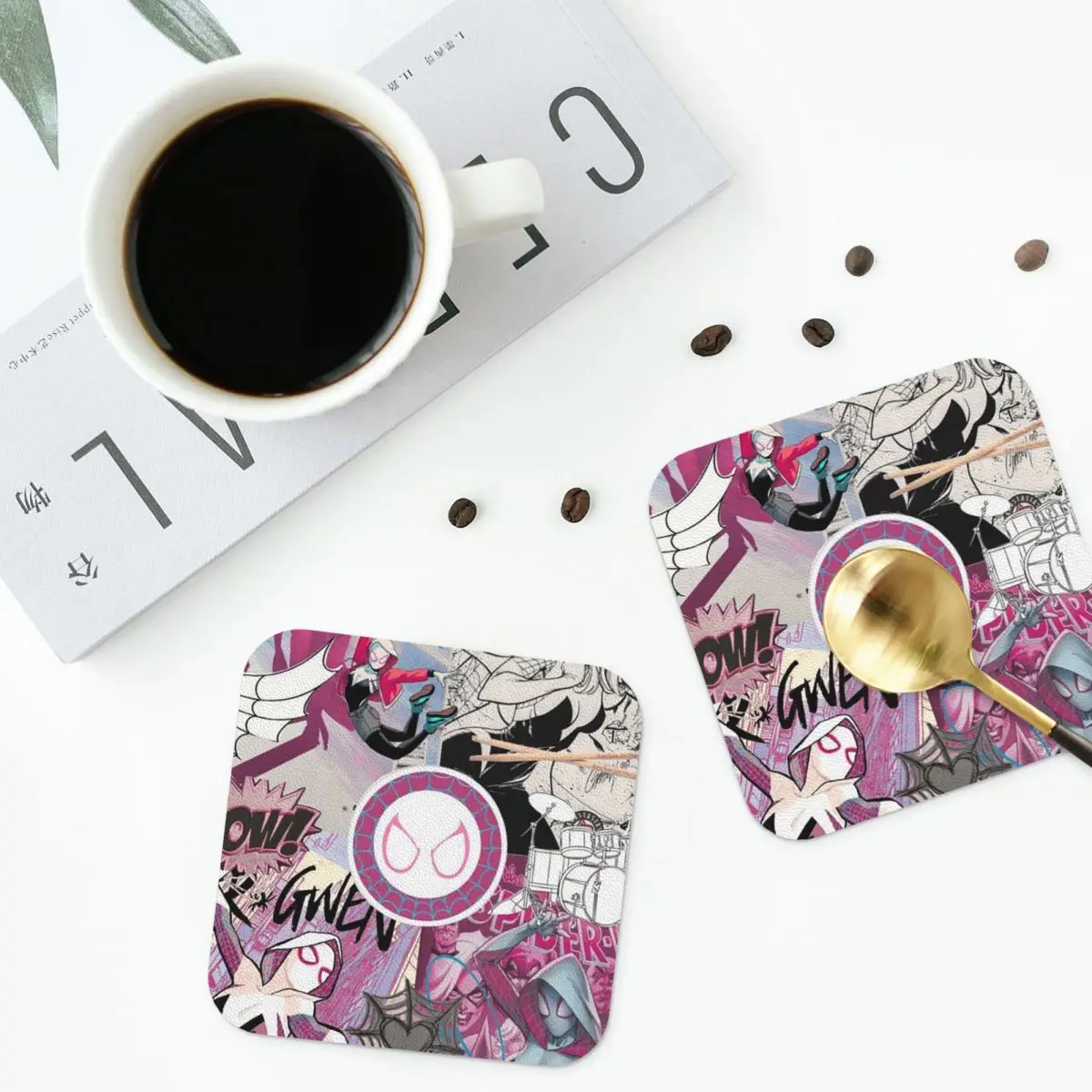 

Подставки Ghost Spider Gwen, кухонные салфетки, водонепроницаемые изоляционные коврики для чашек, кофейные коврики для декора, домашняя посуда, подушечки, набор из 4 шт.