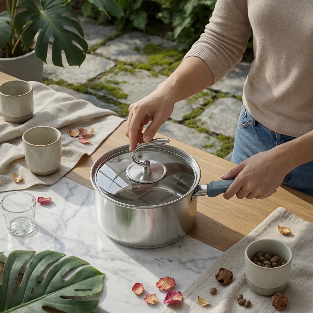 

Curved Lid Knob Milk Pot Triple-layer Steel Small Saucepan with Long Handle Cookware for Efficient Stove Cooking