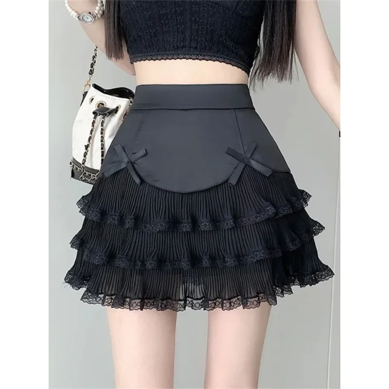 White Black Lace A-line Skirt for Women Gothic Punk Dark Mini Cake Skirts Summer 2024 Layered Sexy Lolita Party Short Skirts