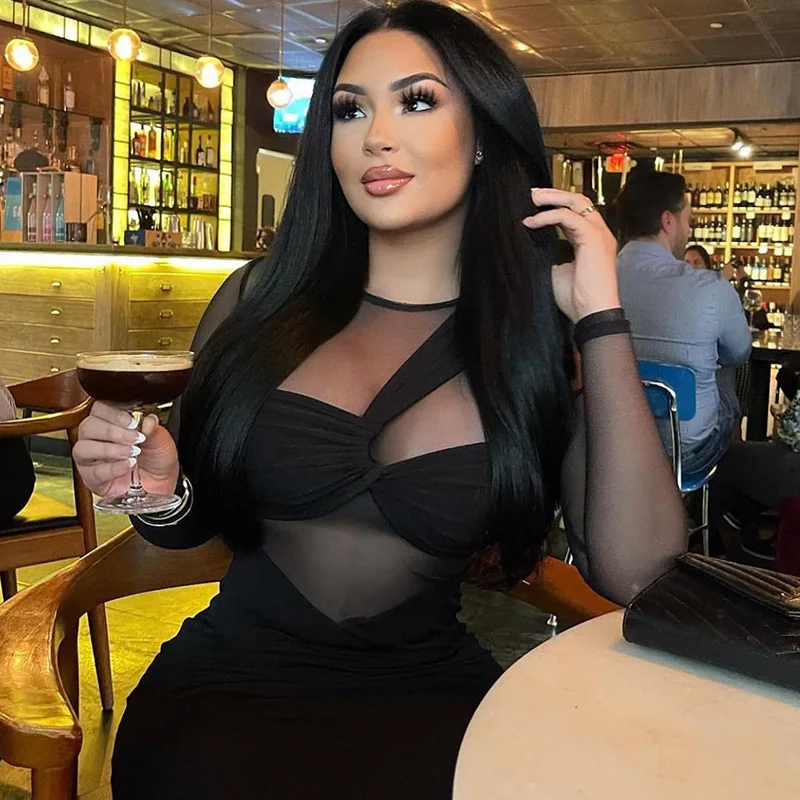 Elegant See Through Panel Long Sleeve Bodycon Dresses for Women Spring Summer Tight Fitting Midi Dress