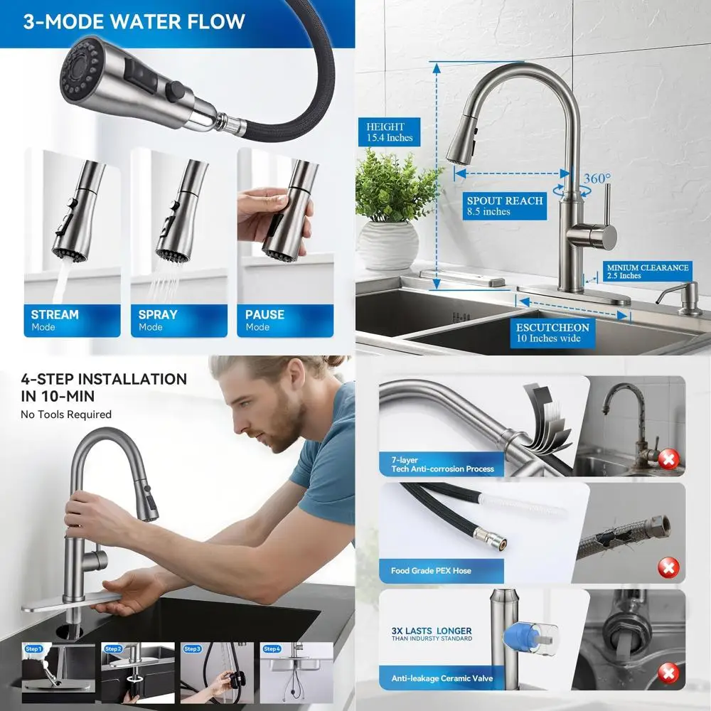 

Modern Brushed Nickel Single Handle High Arc Stainless Steel Pull-Down Sprayer Kitchen Faucet for RV, Laundry, Outdoor, and Farm