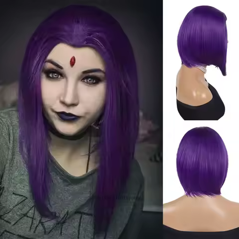 Womens Purple Short Straight Synthetic Bob Wig for Superhero Cosplay Wigs Halloween Costume Party Anime Wig Heat Resistant Fiber