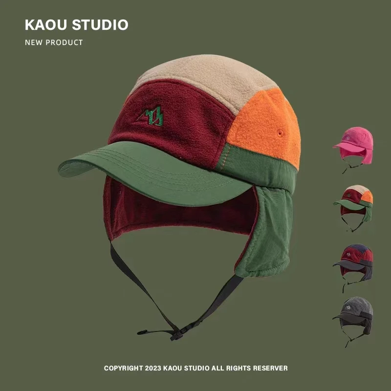 2023New Kurze Krempe Farbe Passenden Ohr Schutz Herbst Winter männer frauen Baseball Kappe Warme Outdoor Samt Aviator eimer Hut – Detail 1