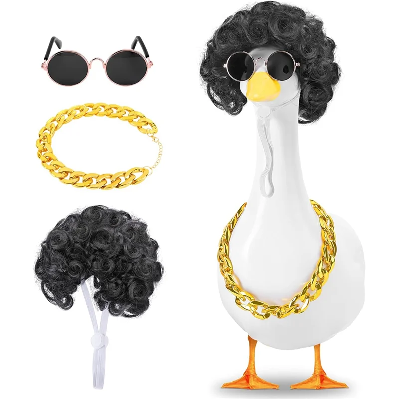 MOPHE-3 peças por conjunto roupas de ganso de varanda legal, roupas de fantasia de estátua de ganso de gramado legal, peruca de óculos de sol de ganso de jardim de varanda dourada