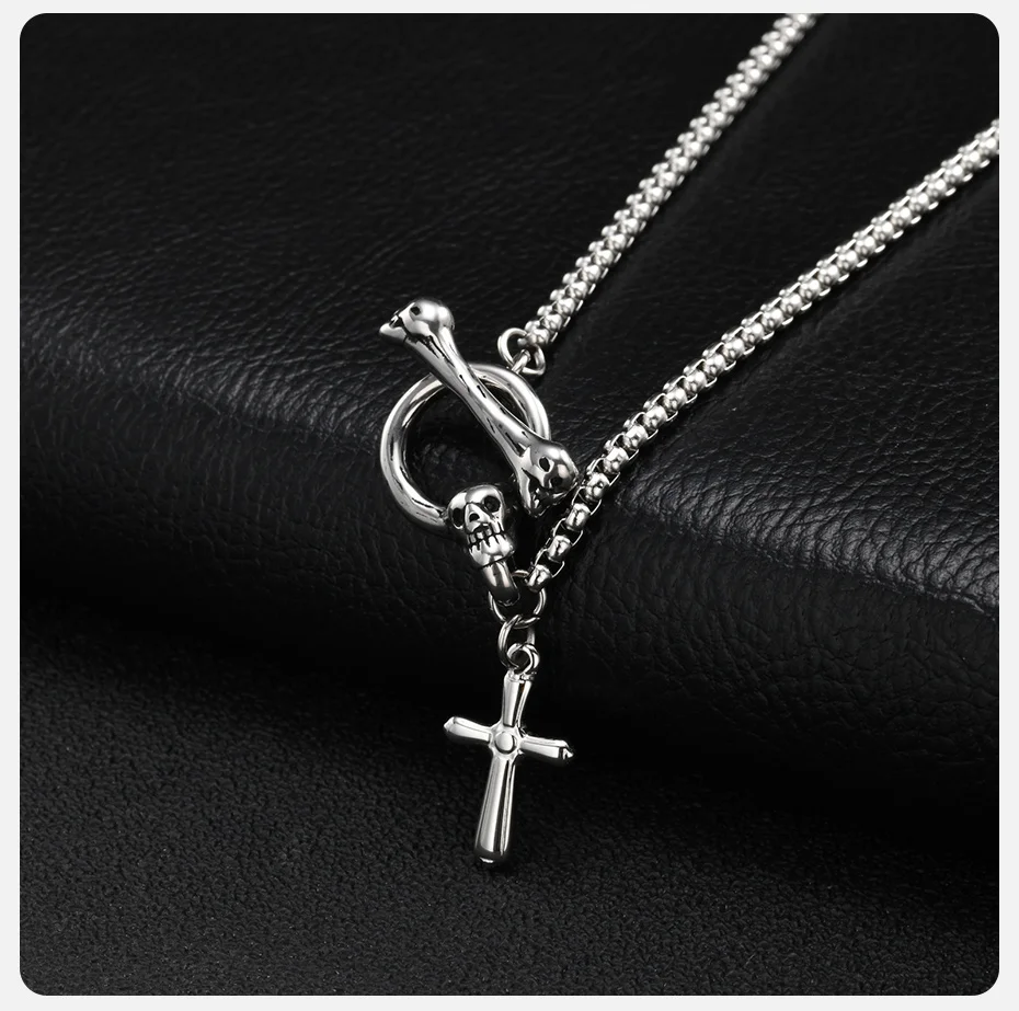 Vnox Totenkopf-Halskette mit Kettenschließe und Kreuzanhänger für Herren, Edelstahl-Boxkette, Gothic-Punk-Hip-Hop-Schmuck, Geburtstagsgeschenk – Detail 5