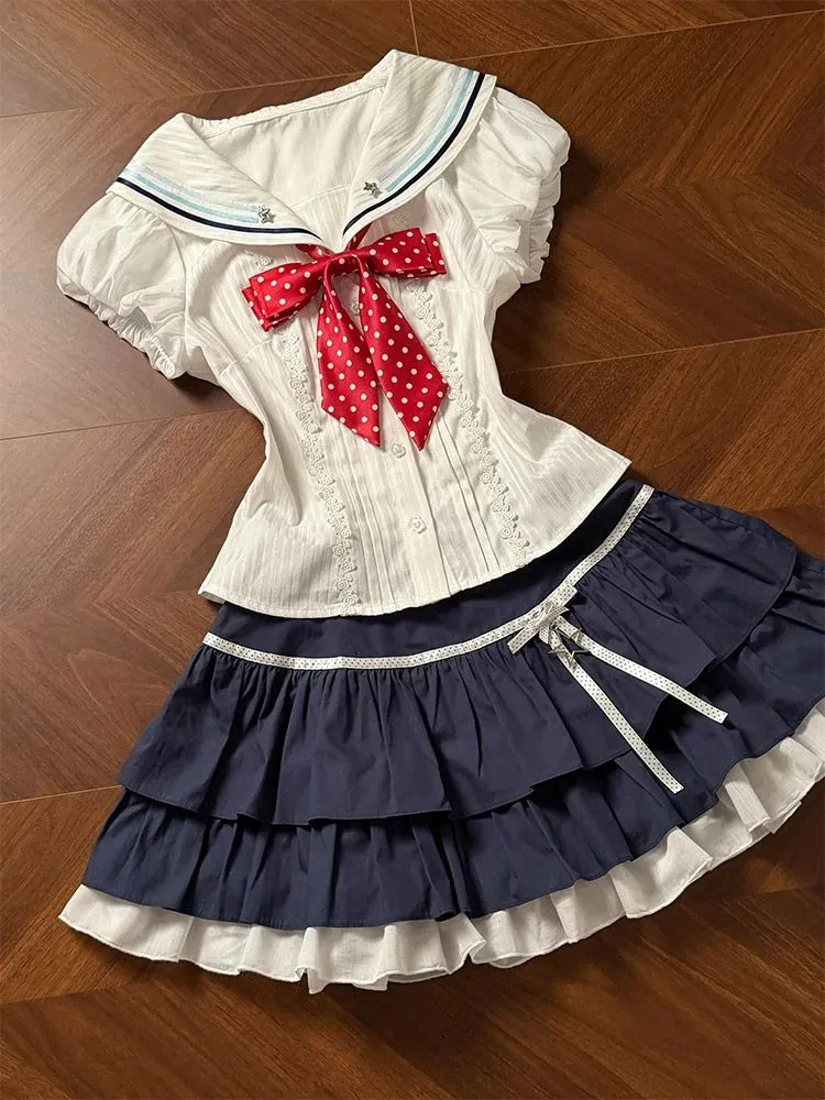 

Summer Sea Breeze Japanese Navy Collar Polka Dot Short Sleeve Shirt Student Sweet Girl Cake Short Skirt Two Piece Set Women's...