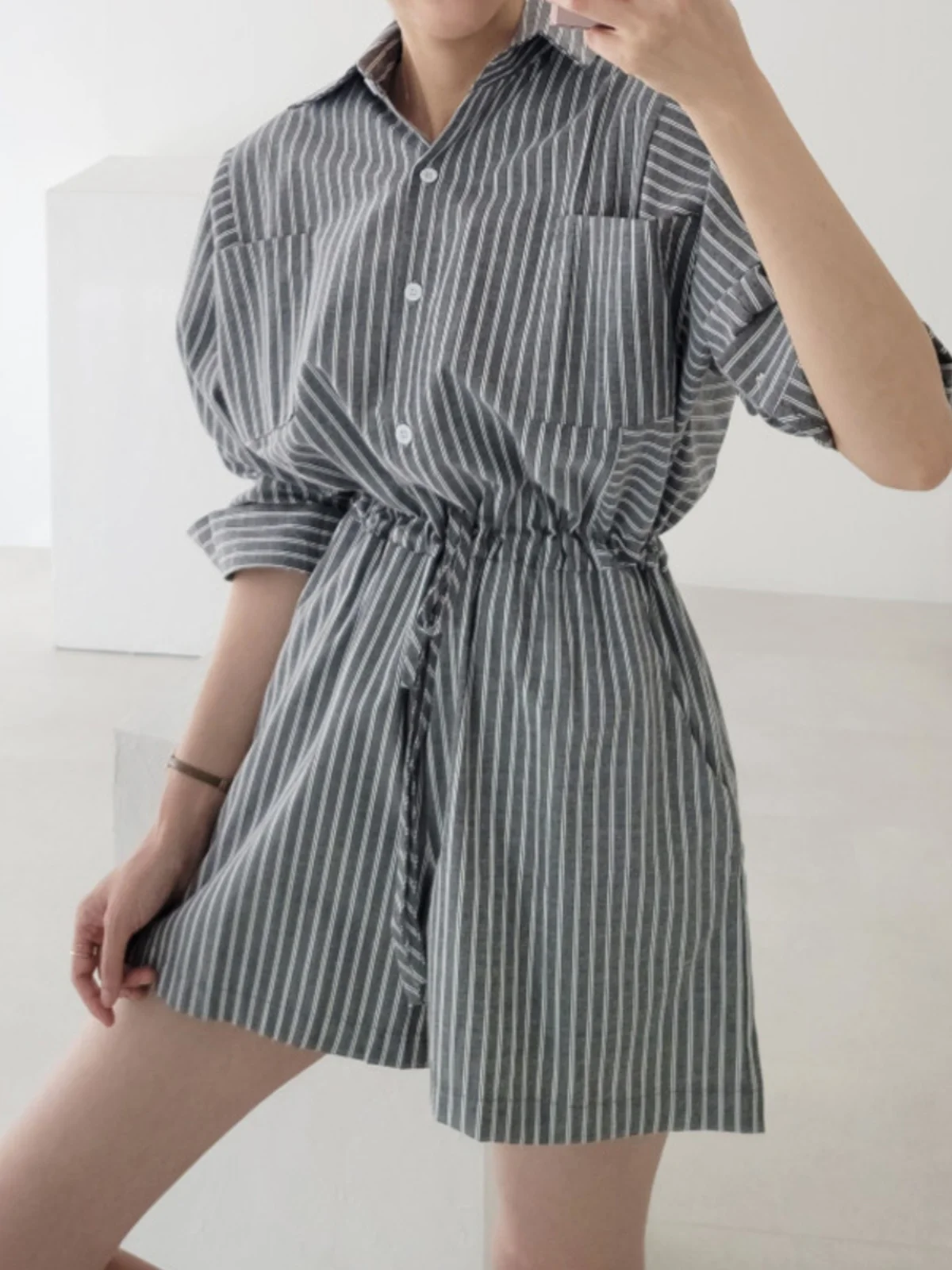 

Chic Early Autumn Loose Casual Striped Dstring Rer Women's Collared Long Sve Design ort Pants High Waist Wide Leg