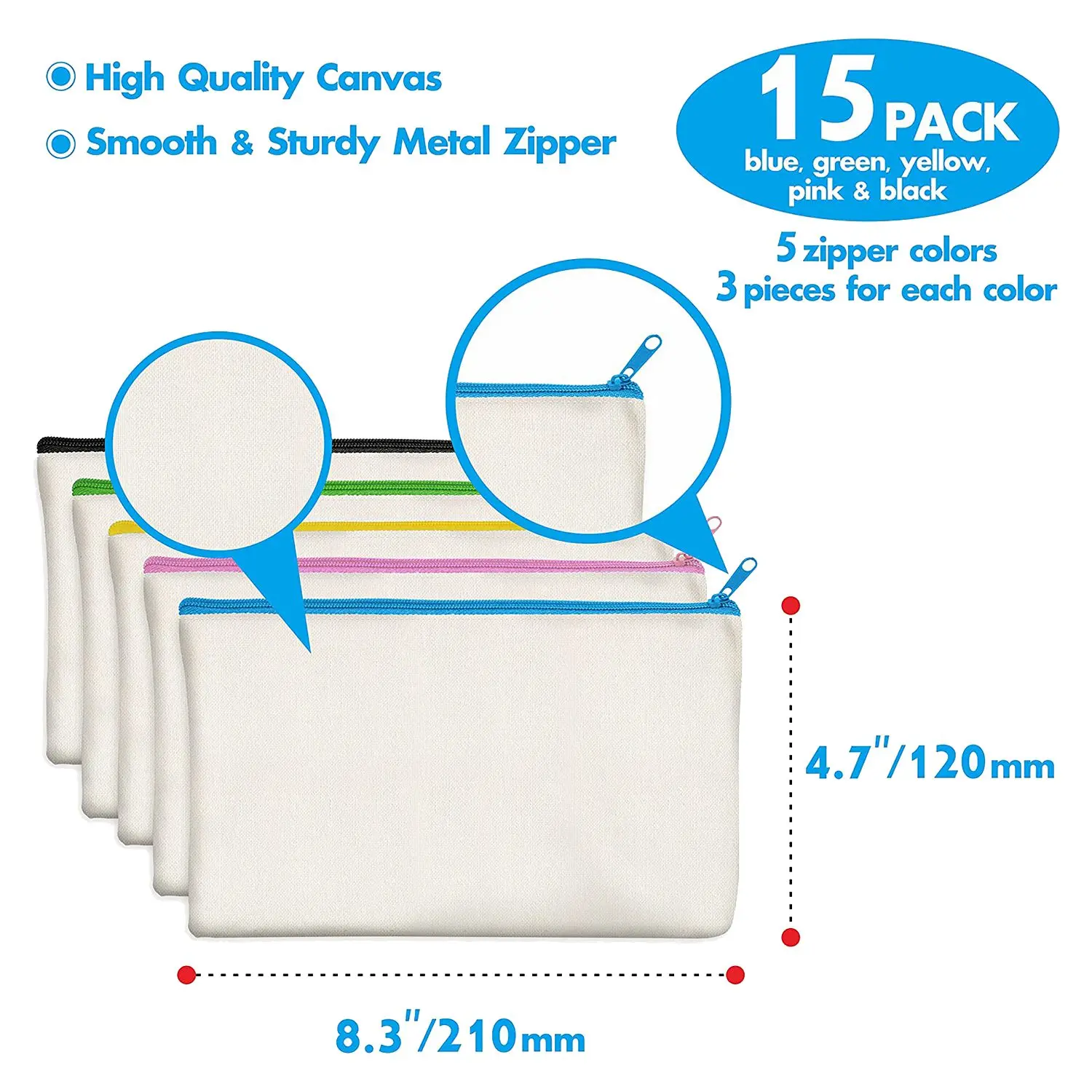 15 Pack Blank Cotton Canvas DIY Craft Zipper Bags Pouches Pencil Case for Makeup Cosmetic Toiletry Stationary Storage