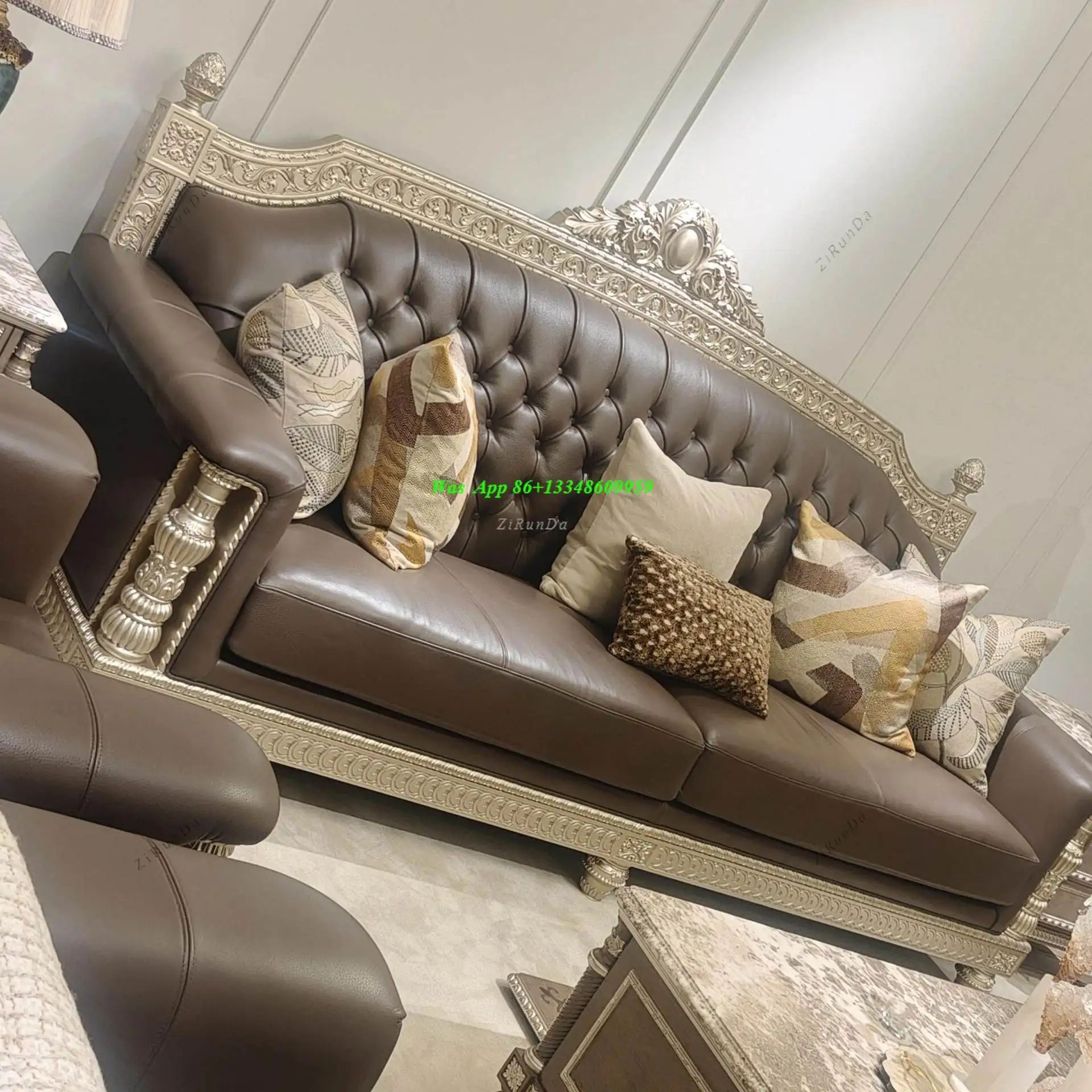 French English Style Solid Wood Carving Gold-painted Sofa Living Room Furniture Three-person Sofa Combination