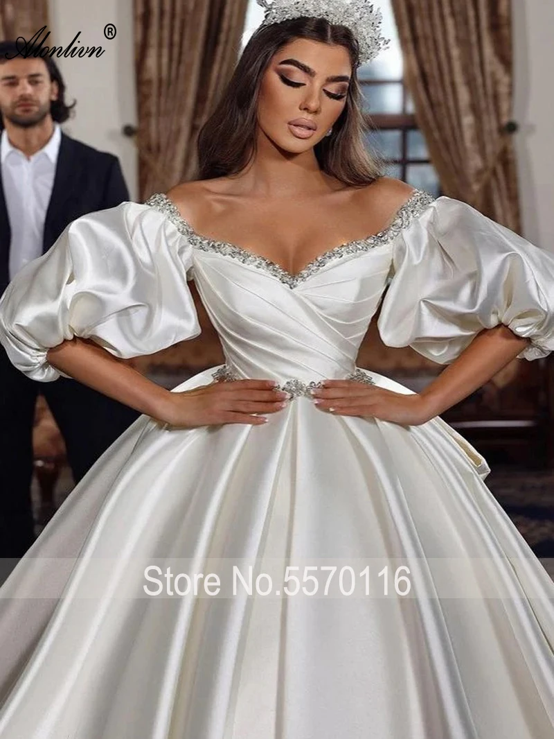 Alonlivn Off Shoulder Puff Sleeves Beading Pearls Satin Ball Gown Wedding  Dresses Luxury  Princess Bridal Gowns