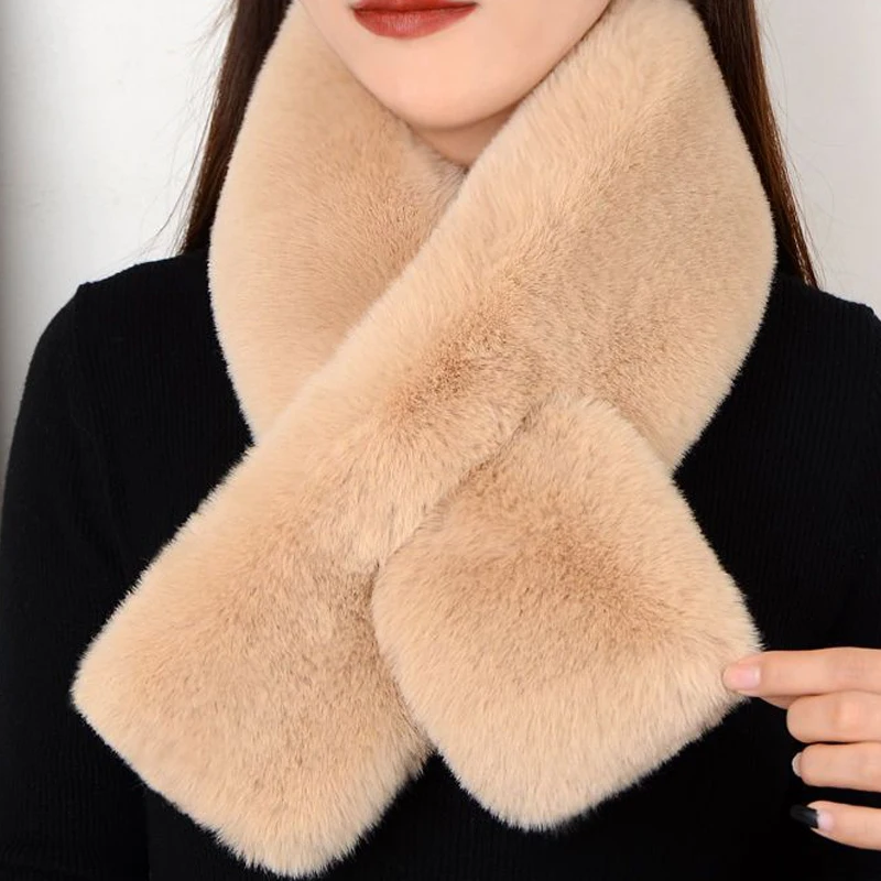 Winter Luxury Warm Thicken Scarfs Faux Rabbit  Fur Plush Cross Collar Scarf Shawl Warm Soft Thicken Snood Scarves Women Scarf