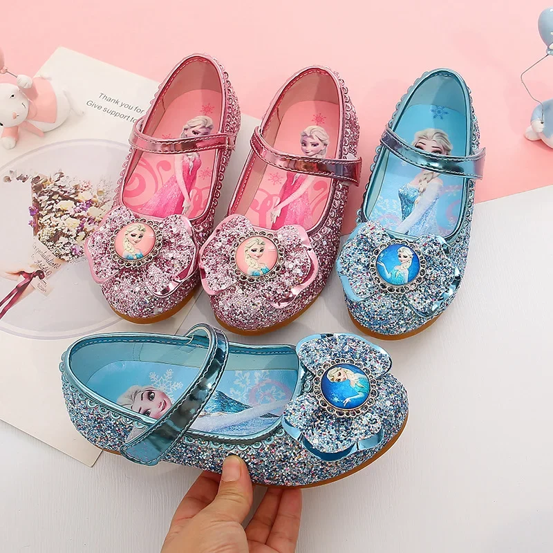 Frozen Anna Elsa Princess Kid Girls Skórzane buty Casual Glitter Dziecięce buty ślubne dla dziewczynek Kryształowe sandały Butterfly Bowknot