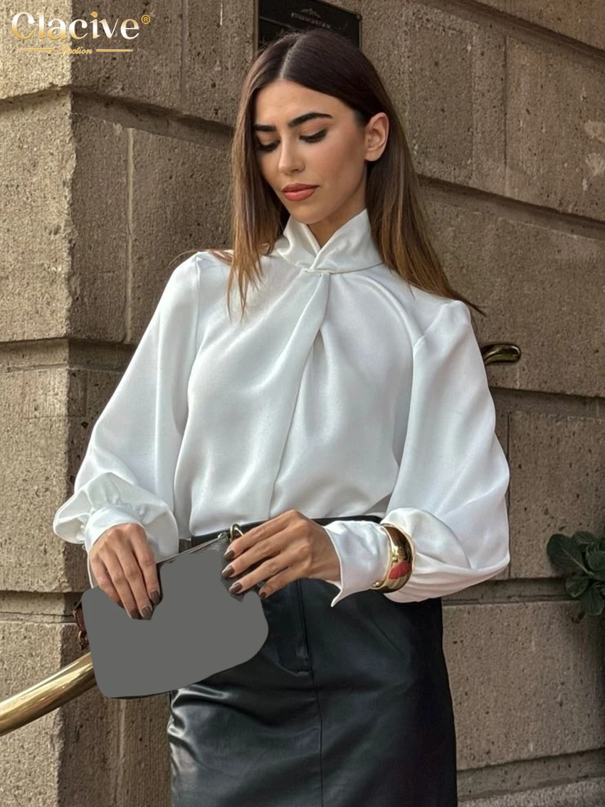 

Clacive Fashion Loose White Satin Women's Shirt Casual Stand Collar Long Sleeve Shirts Elegant Classic Solid Top Female Clothing
