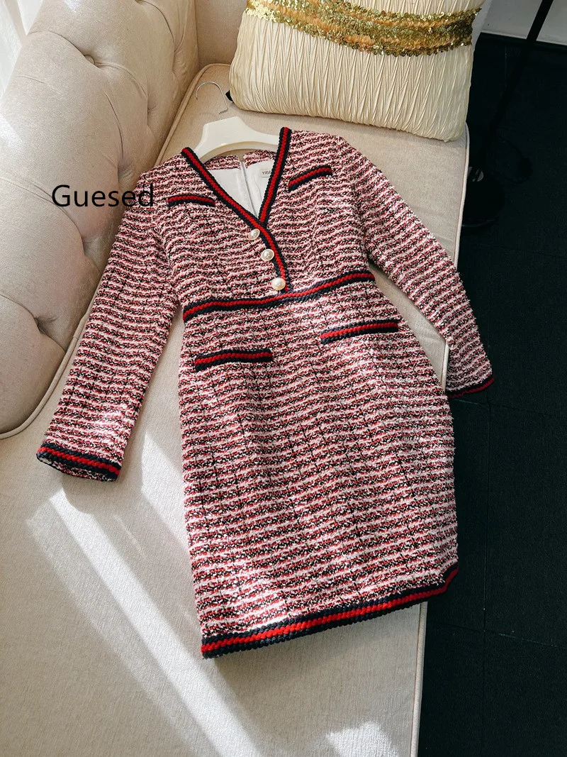 Guesed-Striped Slim Dress for Ladies, Red Wool, Knitted, Elegant, Top Quality, New Arrival, Spring