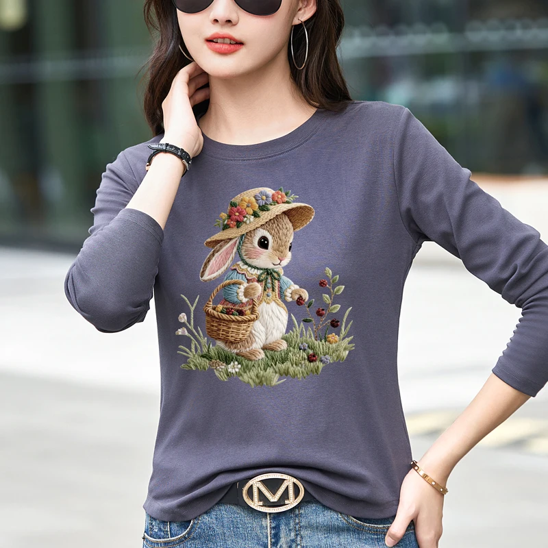 

Women's Loose O-neck T Shirt 2025 Autumn Winter New Casual T-shirt Fashion Student Long Sleeved Cartoon Top Base Layer Tops