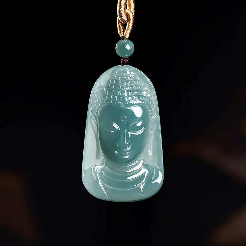 Authentic Natural A-grade Jade Blue Water Three-dimensional Buddha Head Pendant Ice Type Jade Pendant For Men's Women's Gifts