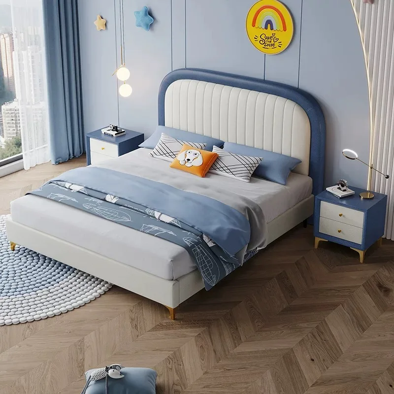 High Quality Modern Luxury Bedroom Furniture Soft Up-holstered Beds king Size Kids Double Bed Frame Girls pink Blue Boys Design