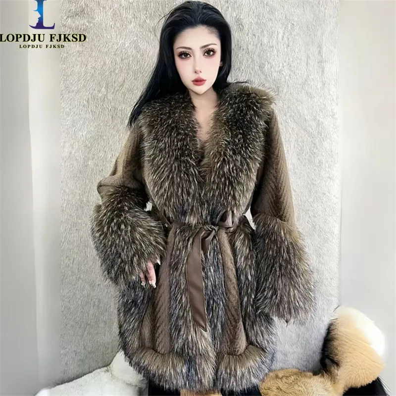 

Faux Fur Coat for Women,Adjustable Waist Long Jacket, Thick Warm Clothes,Fox Fur Collar,Spliced,Autumn and Winter,2025