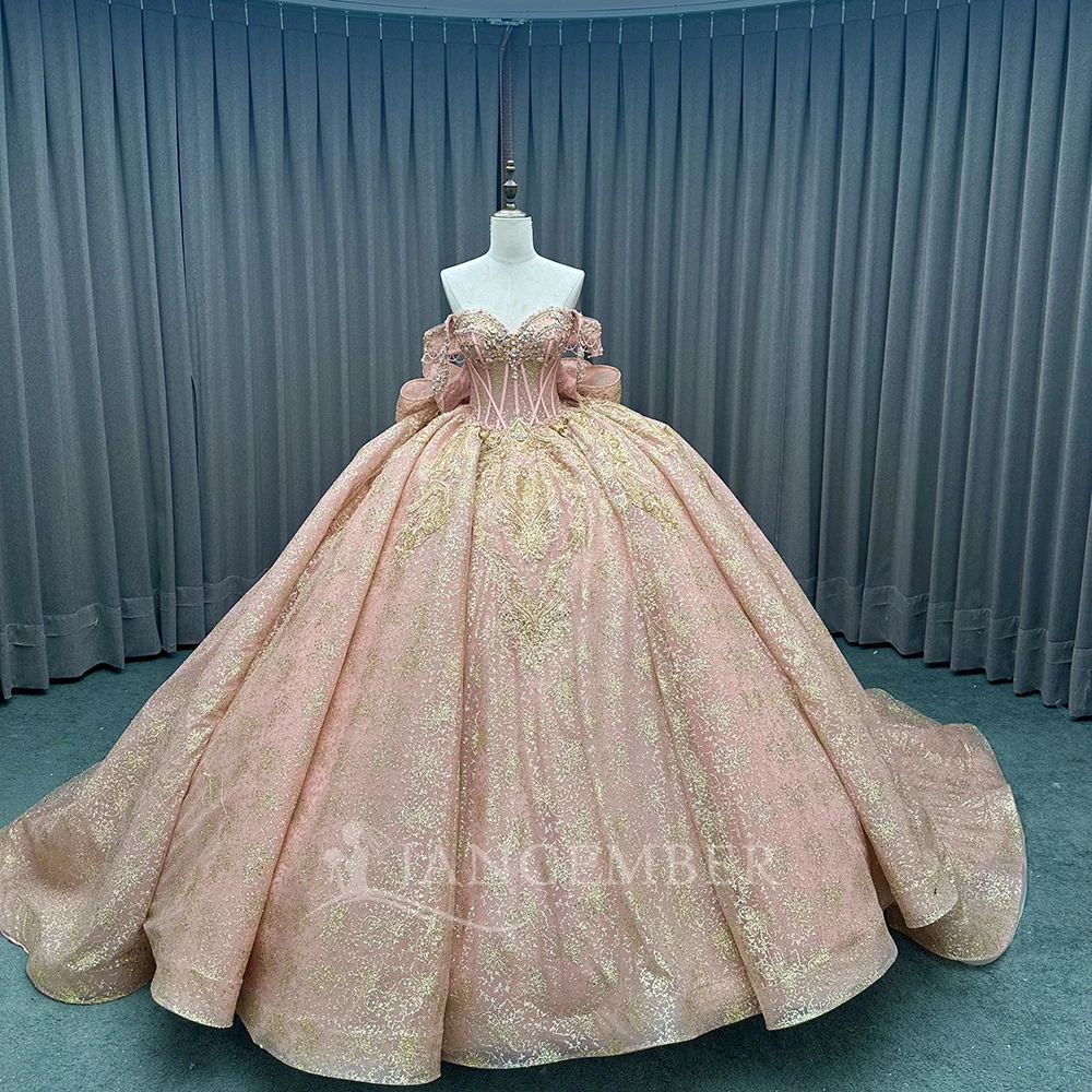 Customized Beads Quinceanera Dresses Sparkly Pink Princess Graduation Ball Gown Off The Shoulder Lace vestido de 15 quinceañera