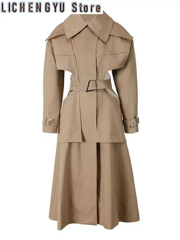 

Женский Длинный Тренч с вырезами, верблюжьей расцветки, свободная ветровка с отложным воротником и длинным рукавом, большие размеры, весна-осень