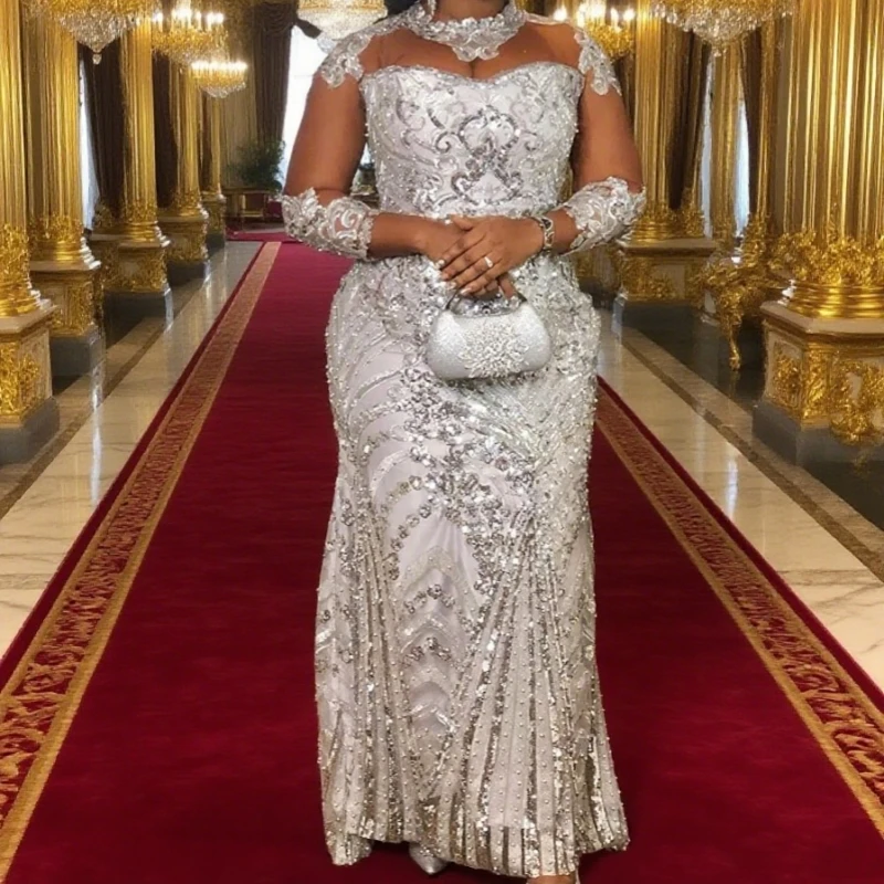 

Arabic Silver Lace Beaded Evening Dresses Sheer Neck Prom Dresses Mermaid Formal Party Seond Reception Gowns Dress Customized