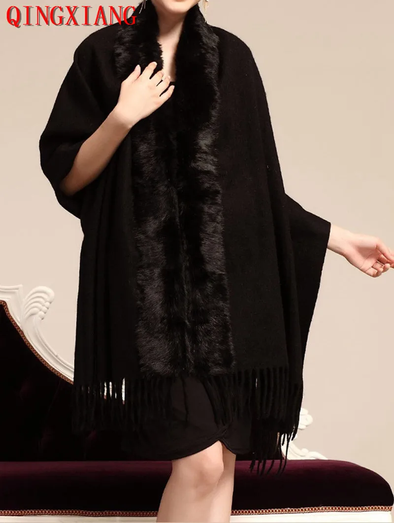 

10 Colors Women Rabbit Fur Collar Back Long Poncho Warm Tassel Cape Winter Lady Wool Cashmere Cardigan Pashmina Outstreet Coat