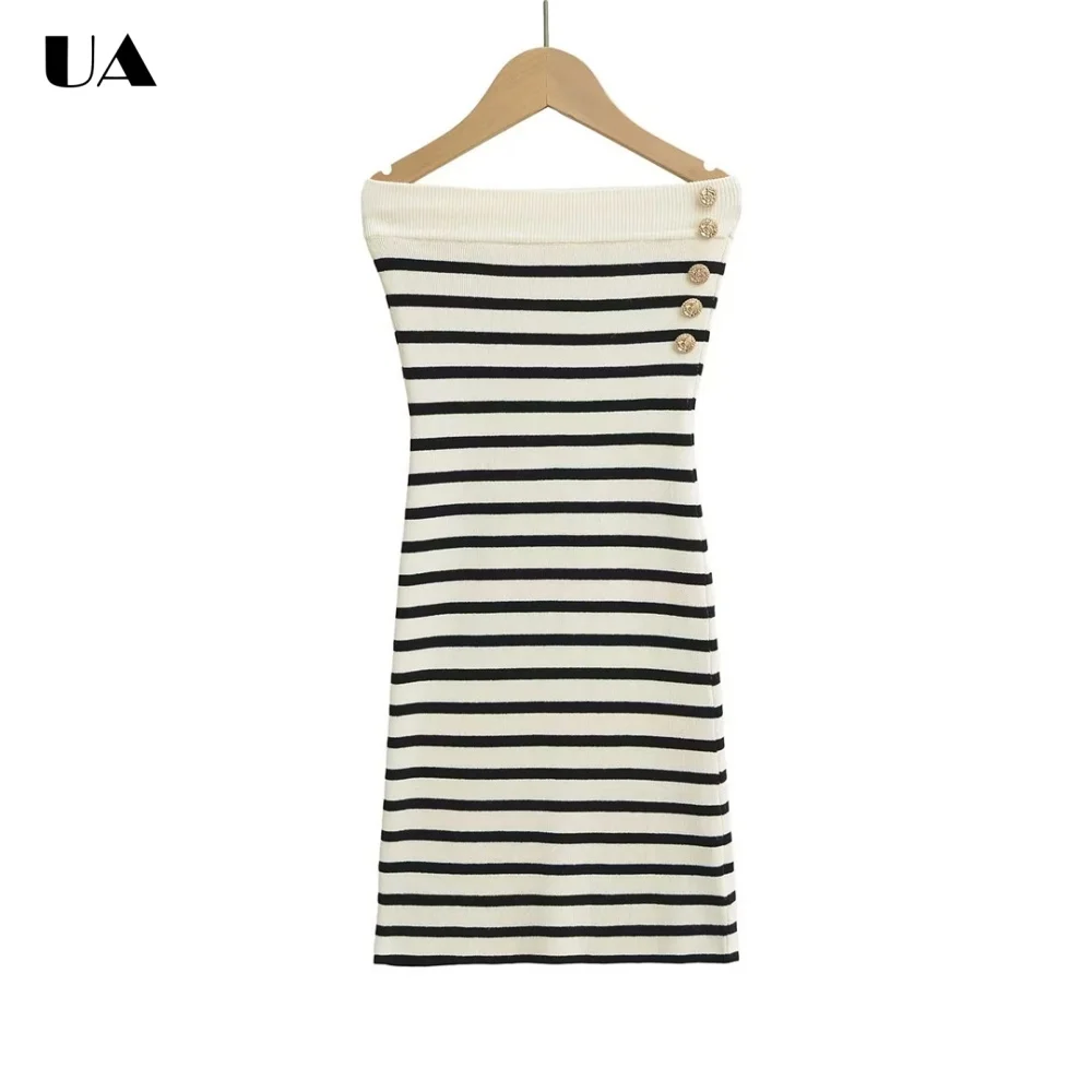 

Trendy Striped Strapless Button Mini Dress, Fashionable Sheath Sleeveless Short Dresses for Women, Commuter Style Pullover Dress