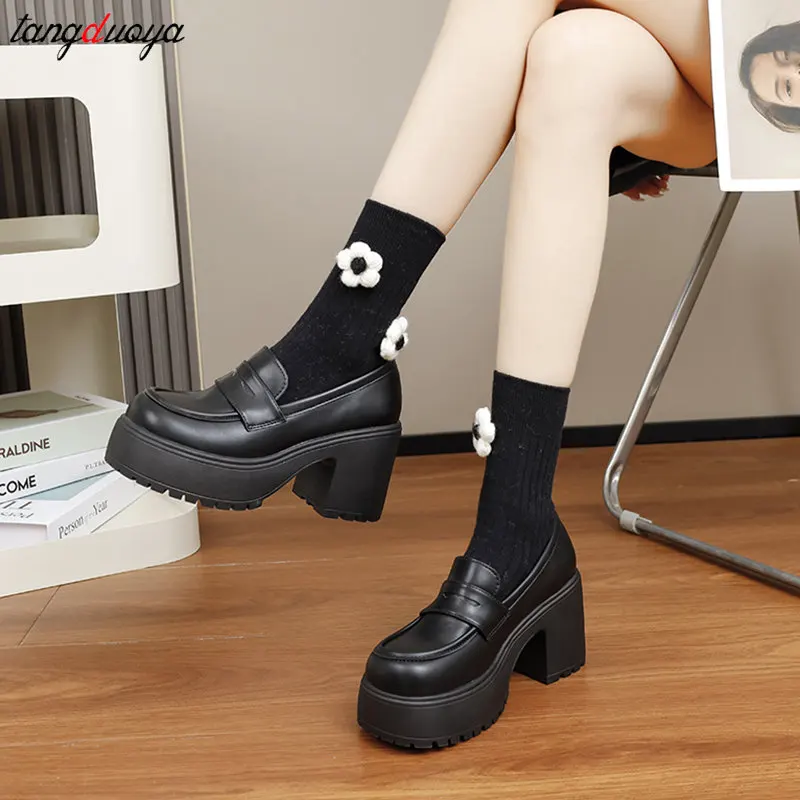 Pu Leather Platform Loafers Woman 2024 Retro British Style Thick Heels Oxfords Shoes Women Slip On College Gothic Lolita Shoes