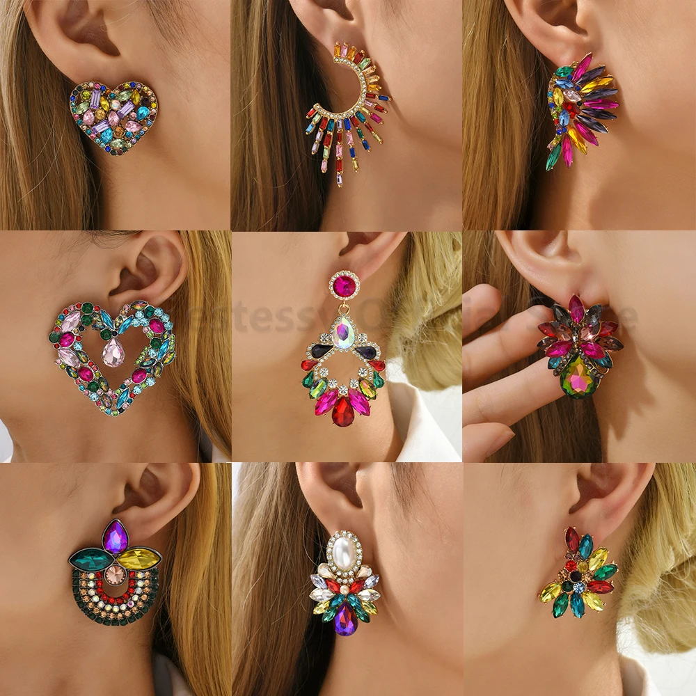 Colorful Series Shiny Rhinestone Big Stud Earrings For Women 2025 Trend Luxury Round Fashion Jewelry Girl Party Accessories Gift