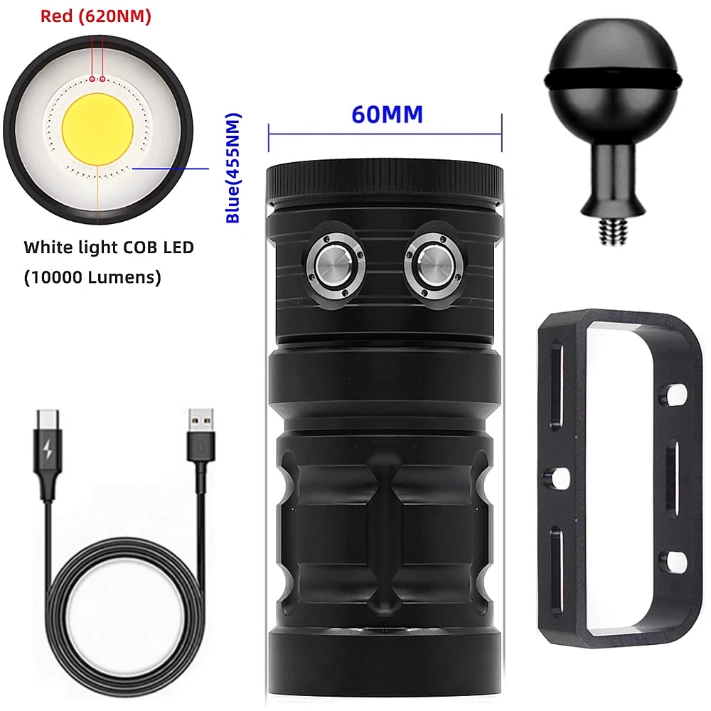 ไฟฉายดำน้ำ LED สว่างพิเศษ 18000 ลูเมนส์ กันน้ำ 100 เมตร แสงสีขาว แสงสีฟ้า แสงสีแดง ชาร์จแบบ Type C