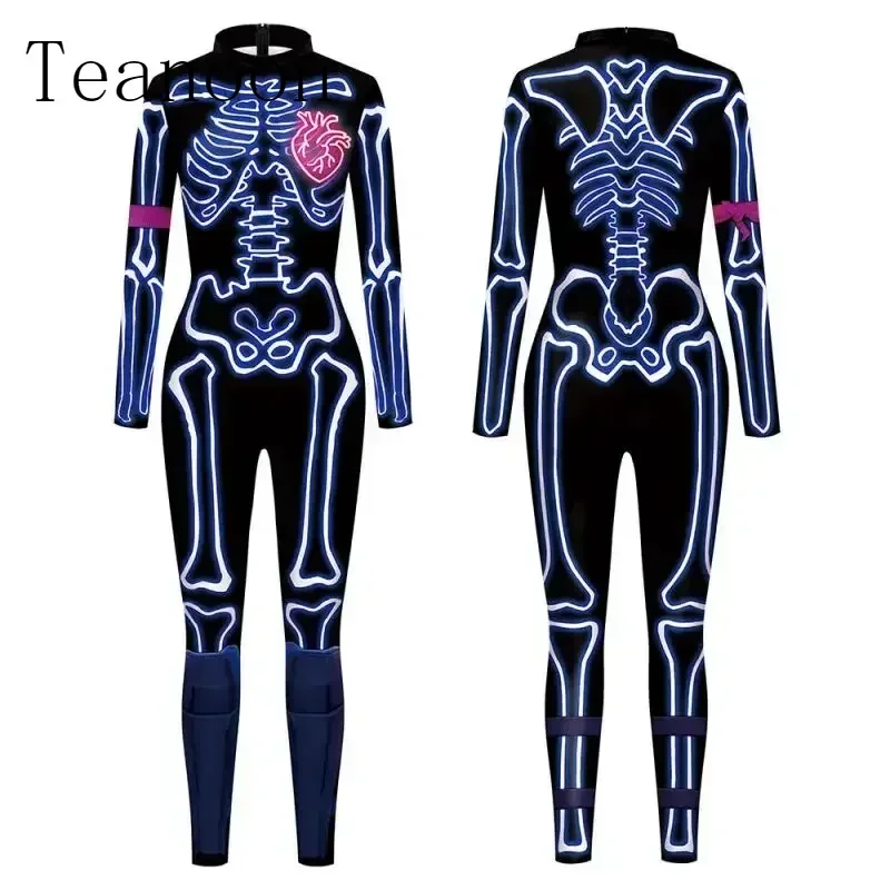 Teanoon Skeleton tuta Halloween Costume Cosplay stampa 3D tuta per adulti Party Zentai Suit Spandex Elastic Catsuit Outfit