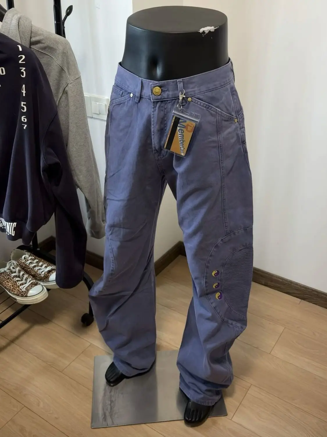 American street Tai Chi embroidery design scimitar overalls French blue washed distressed casual loose trousers